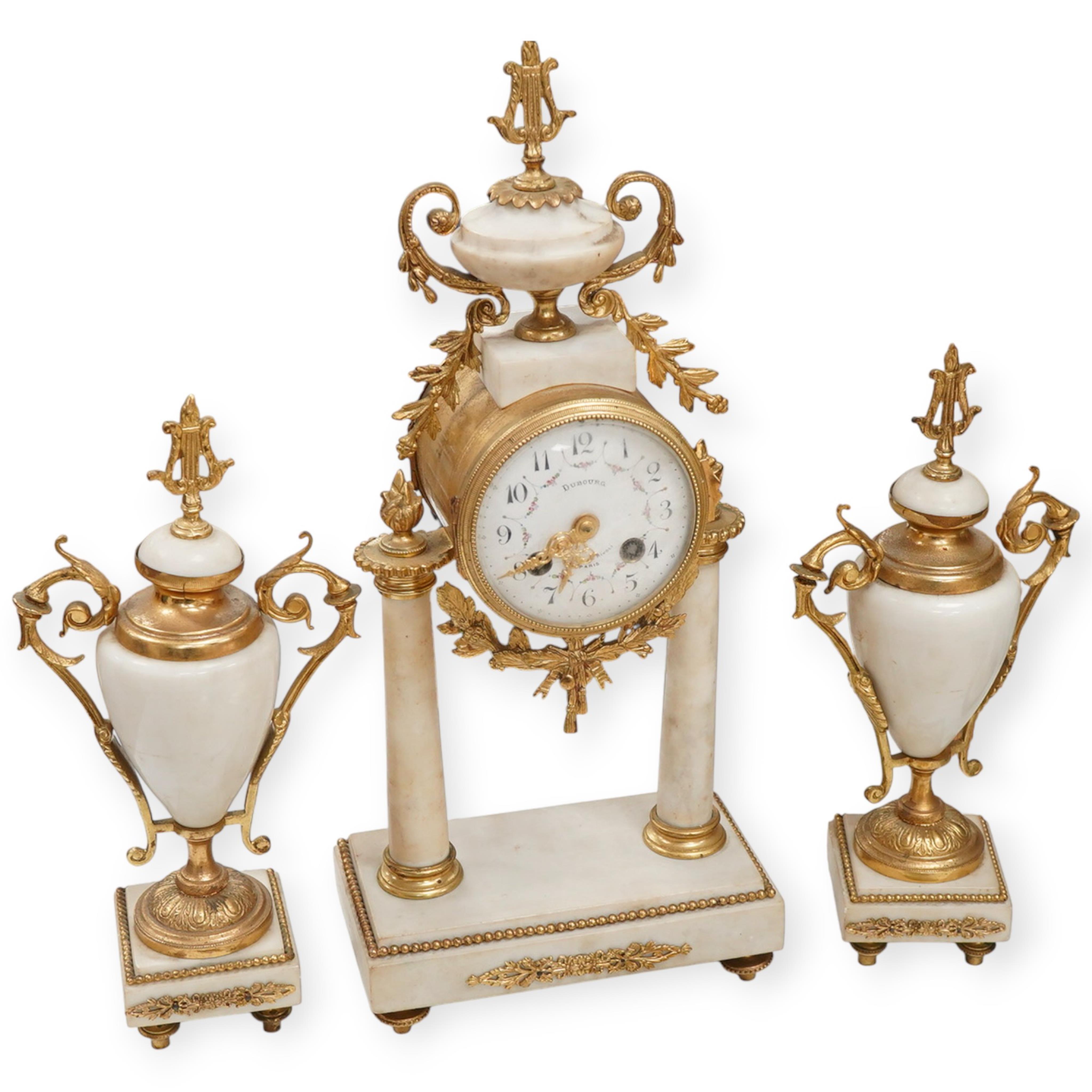 A late 19th century French gilt metal mounted clock garniture, 41cm